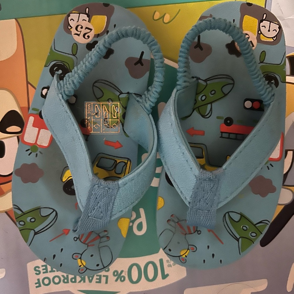 Kids Blue Flip Flops with Airplane Design